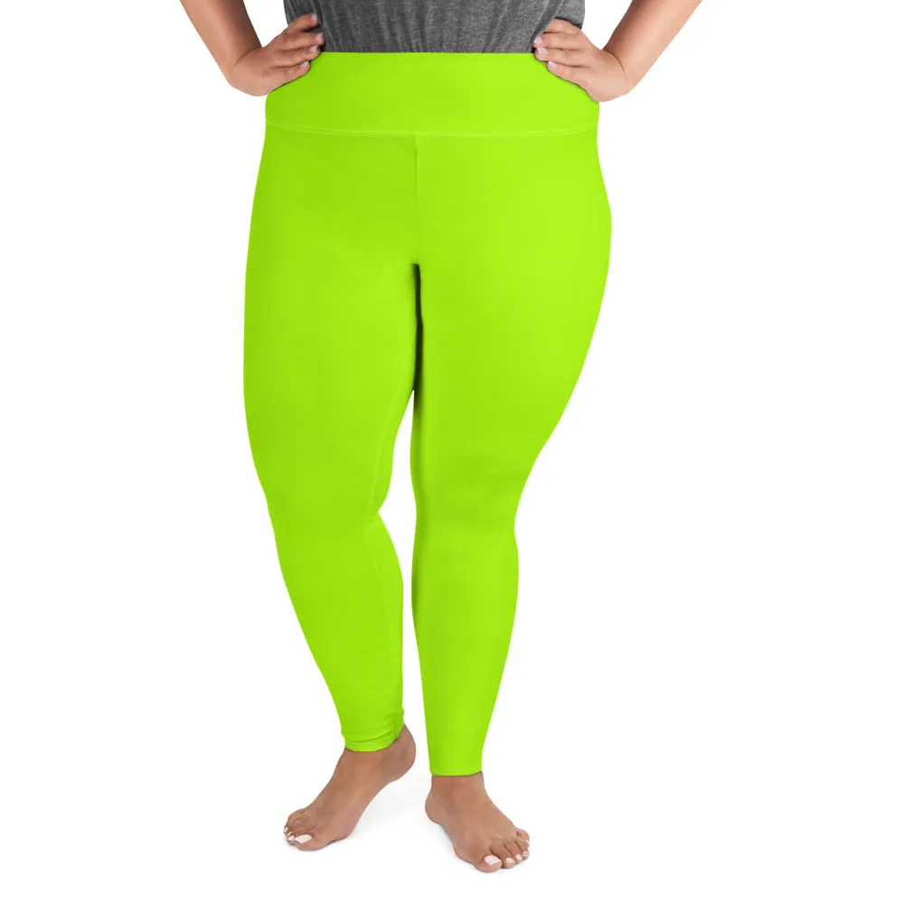 Neon Green Plus Size Leggings, Comfy Long Yoga Tights For Curvy Ladies -Made in USA/EU