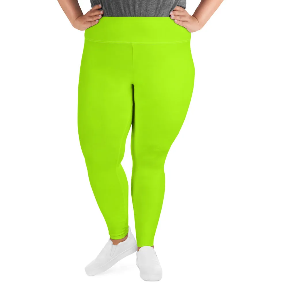 Neon Green Plus Size Leggings, Comfy Long Yoga Tights For Curvy Ladies -Made in USA/EU