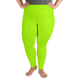 Neon Green Plus Size Leggings, Comfy Long Yoga Tights For Curvy Ladies -Made in USA/EU