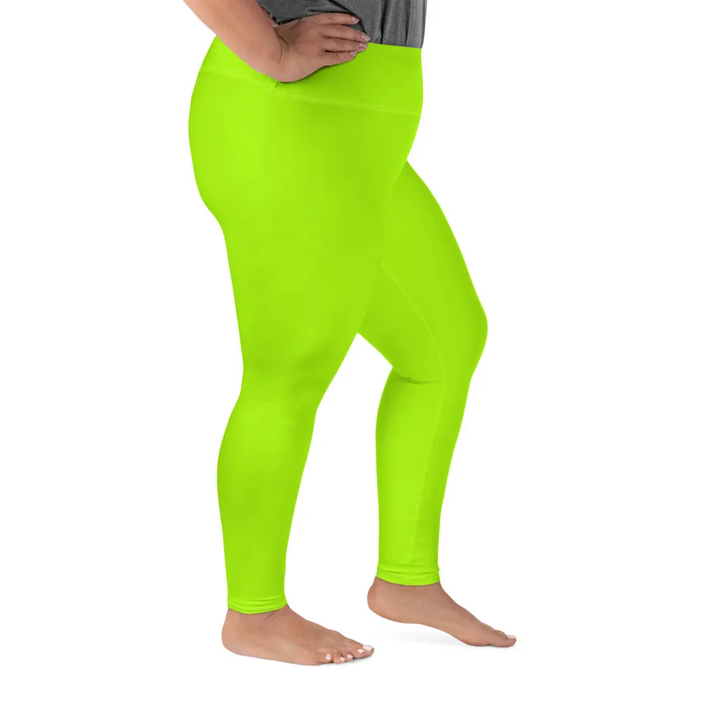 Neon Green Plus Size Leggings, Comfy Long Yoga Tights For Curvy Ladies -Made in USA/EU