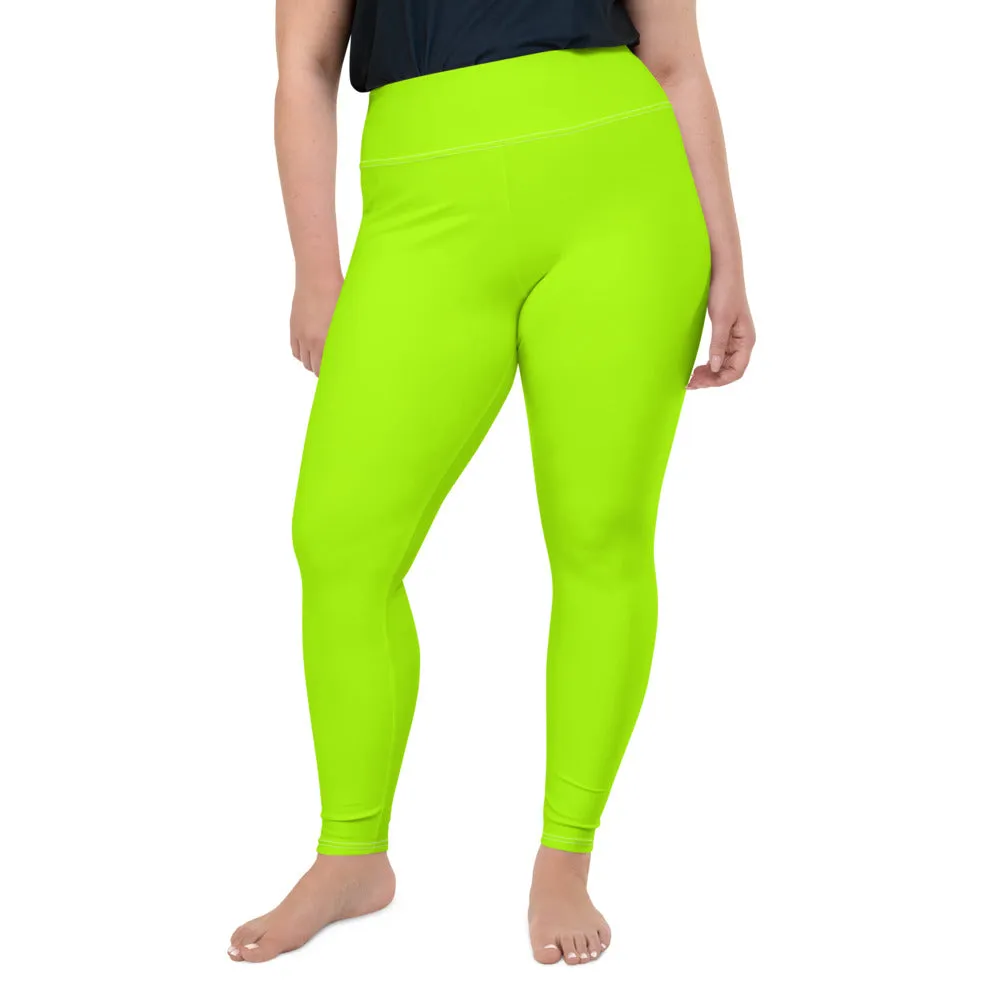 Neon Green Plus Size Leggings, Comfy Long Yoga Tights For Curvy Ladies -Made in USA/EU