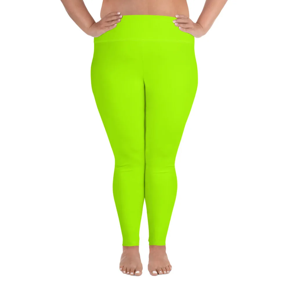 Neon Green Plus Size Leggings, Comfy Long Yoga Tights For Curvy Ladies -Made in USA/EU