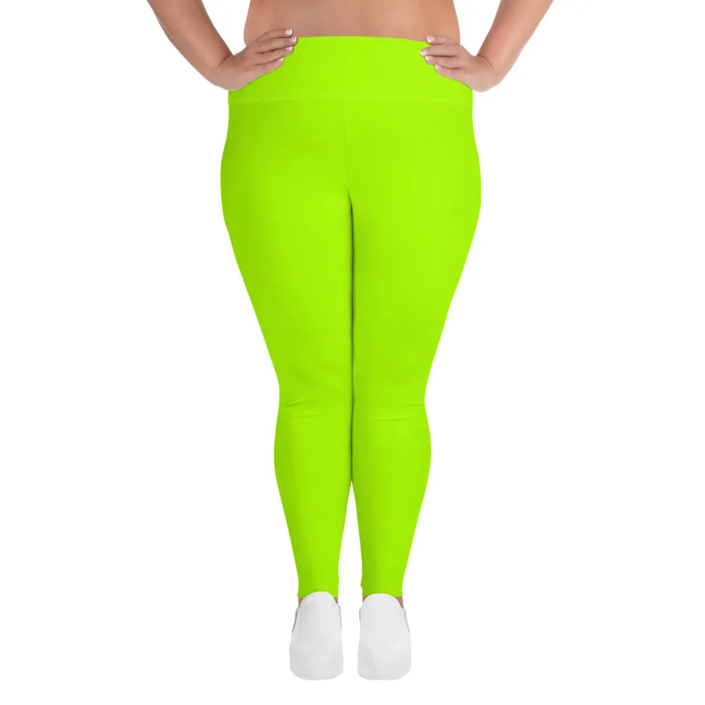 Neon Green Plus Size Leggings, Comfy Long Yoga Tights For Curvy Ladies -Made in USA/EU