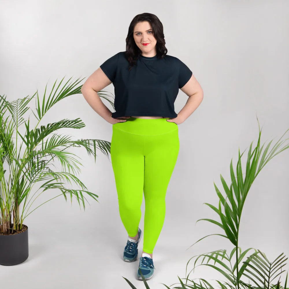 Neon Green Plus Size Leggings, Comfy Long Yoga Tights For Curvy Ladies -Made in USA/EU