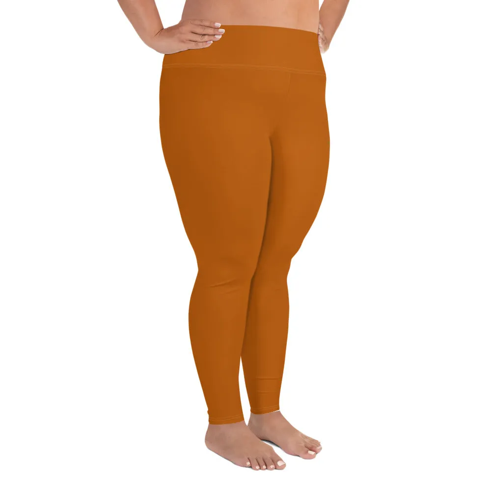 Orange Brown Plus Size Leggings, Solid Color Women's Plus Size Yoga Pants- Made in USA/EU