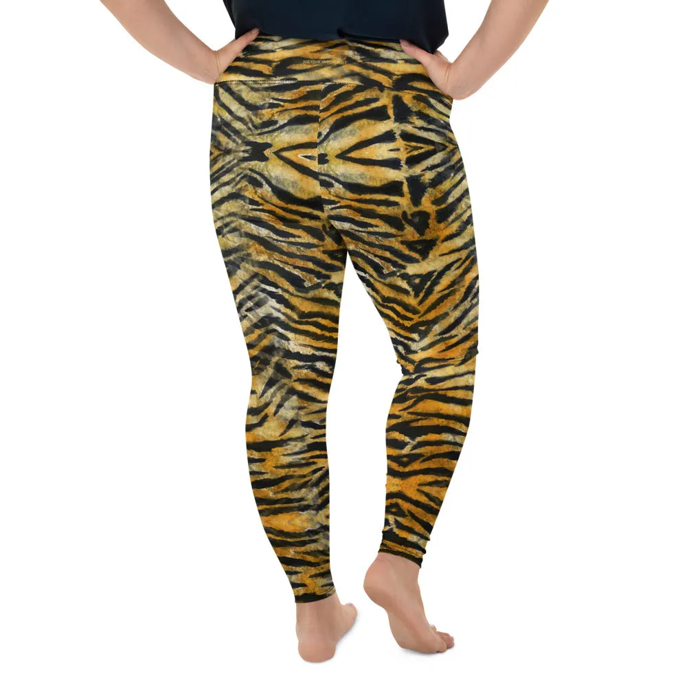Orange Tiger Plus Size Leggings, Animal Stripe Print Women's Yoga Pants-Made in USA/EU
