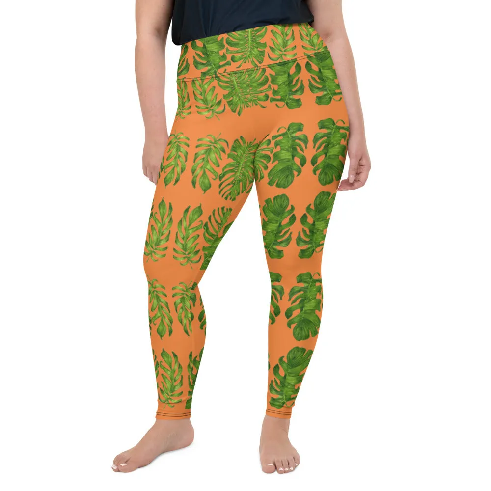 Orange Tropical Leaf Yoga Pants, Hawaiian Style Print Plus Size Women's Leggings-Made in USA/EU