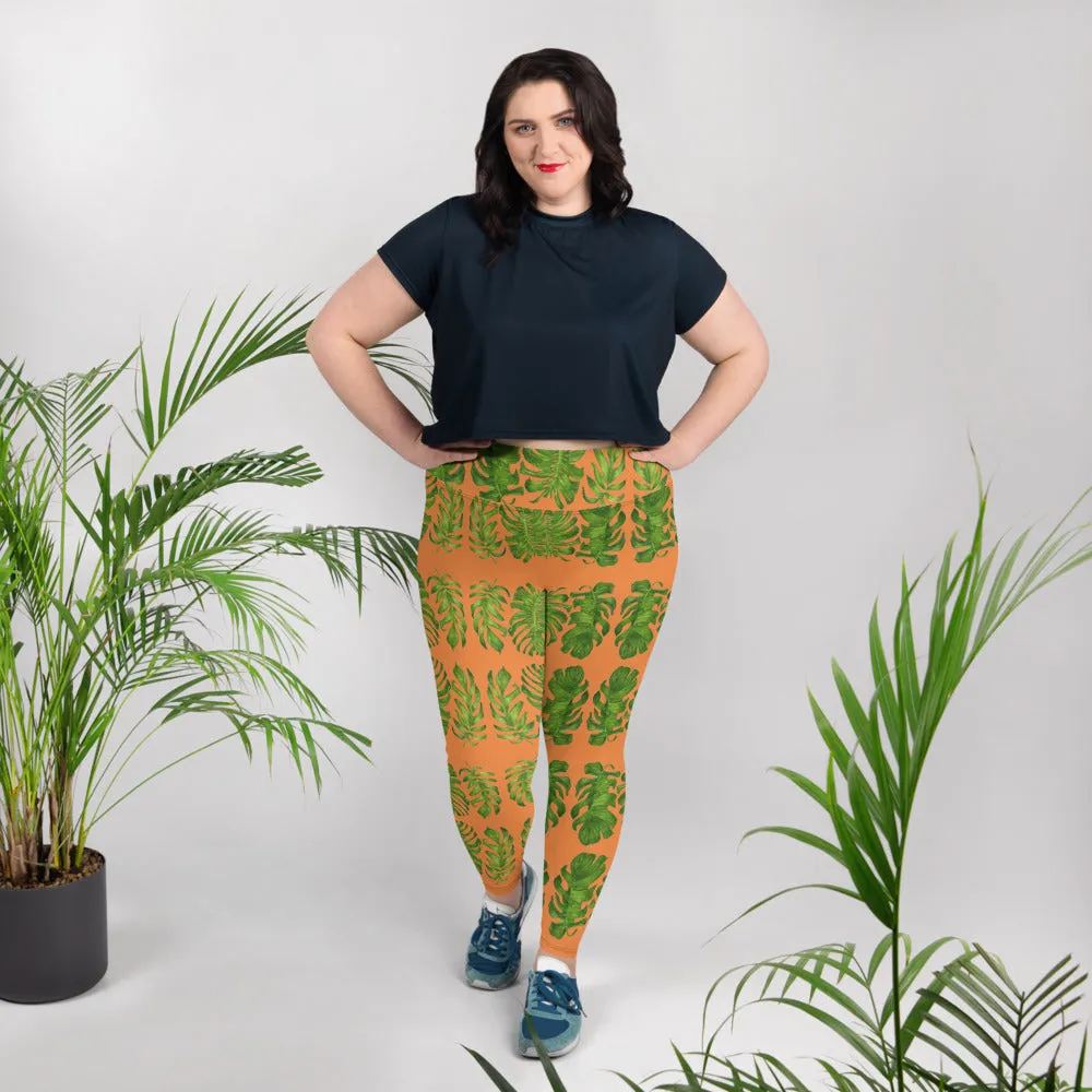 Orange Tropical Leaf Yoga Pants, Hawaiian Style Print Plus Size Women's Leggings-Made in USA/EU