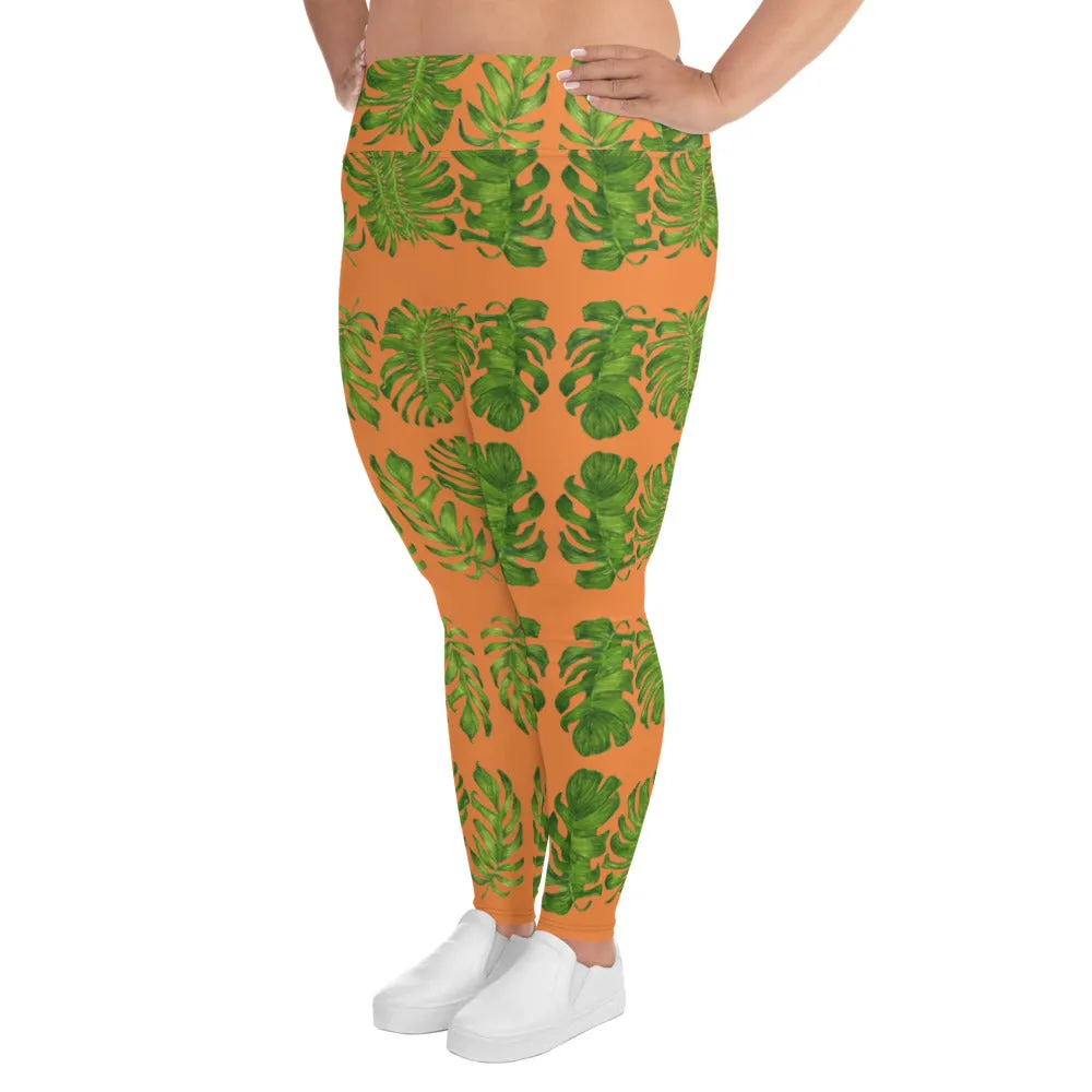 Orange Tropical Leaf Yoga Pants, Hawaiian Style Print Plus Size Women's Leggings-Made in USA/EU