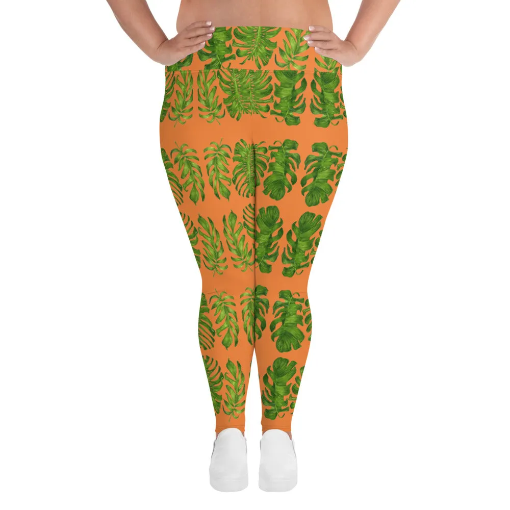 Orange Tropical Leaf Yoga Pants, Hawaiian Style Print Plus Size Women's Leggings-Made in USA/EU