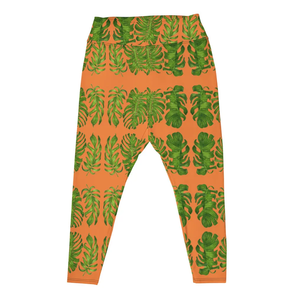Orange Tropical Leaf Yoga Pants, Hawaiian Style Print Plus Size Women's Leggings-Made in USA/EU