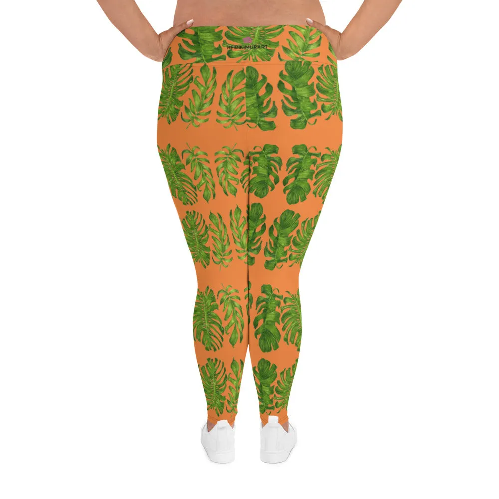 Orange Tropical Leaf Yoga Pants, Hawaiian Style Print Plus Size Women's Leggings-Made in USA/EU