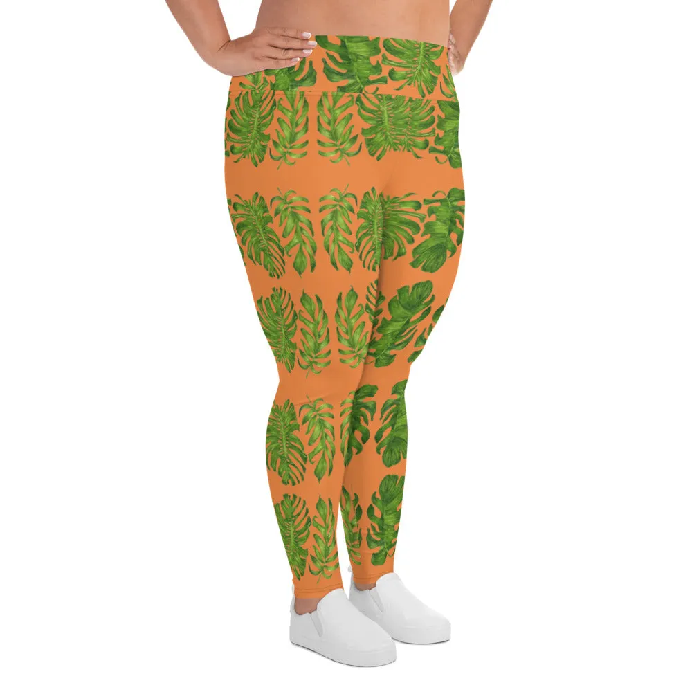 Orange Tropical Leaf Yoga Pants, Hawaiian Style Print Plus Size Women's Leggings-Made in USA/EU