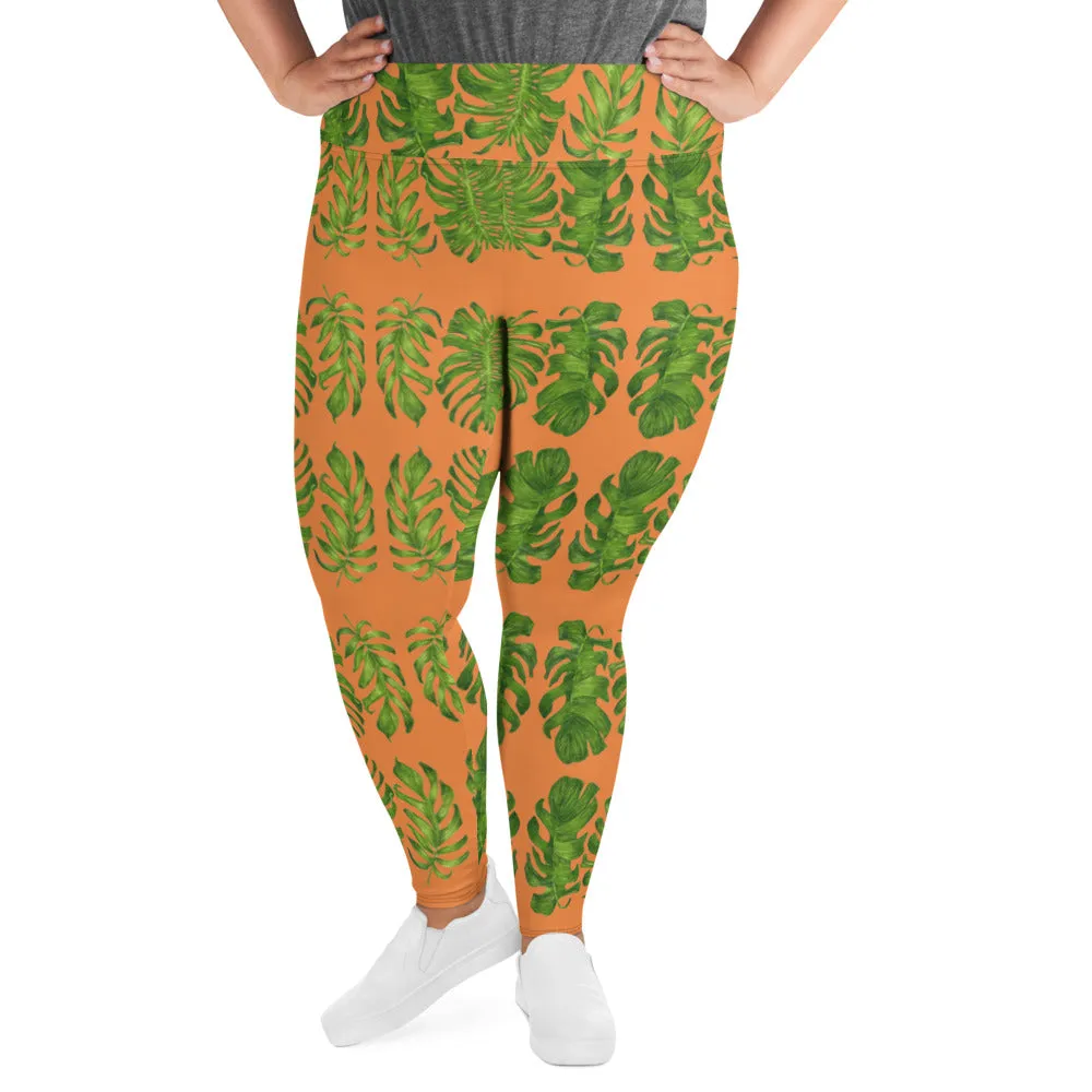 Orange Tropical Leaf Yoga Pants, Hawaiian Style Print Plus Size Women's Leggings-Made in USA/EU