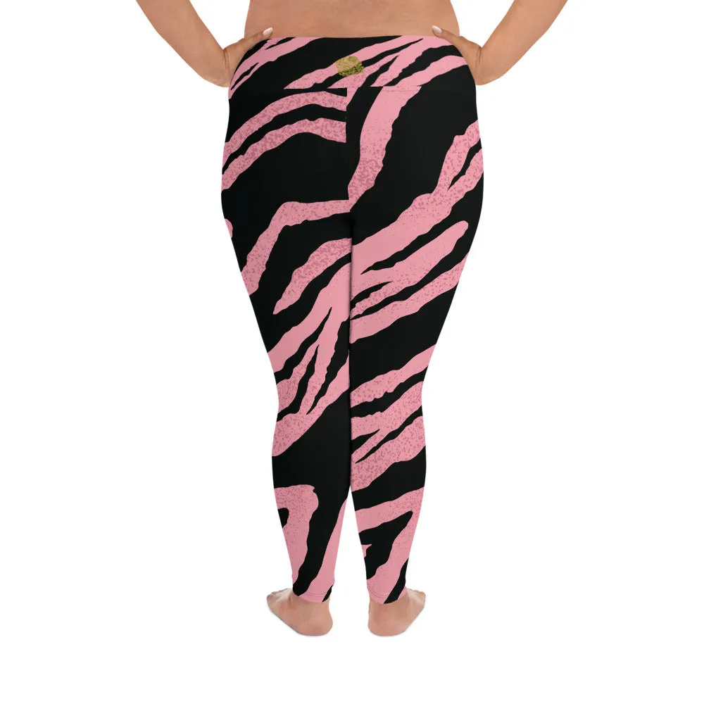 Pink Tiger Plus Size Leggings, Striped Animal Women's Long Yoga Pants-Made in USA/EU