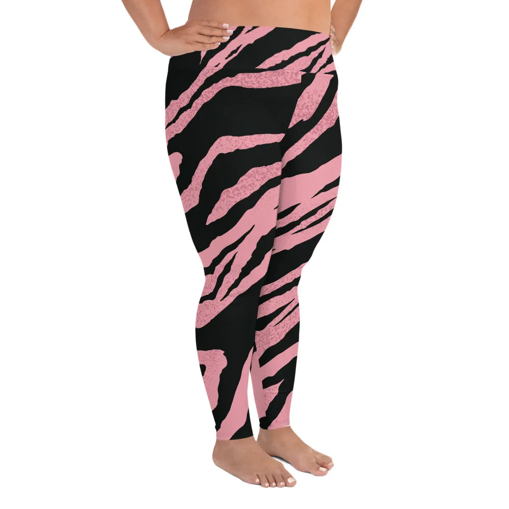 Pink Tiger Plus Size Leggings, Striped Animal Women's Long Yoga Pants-Made in USA/EU