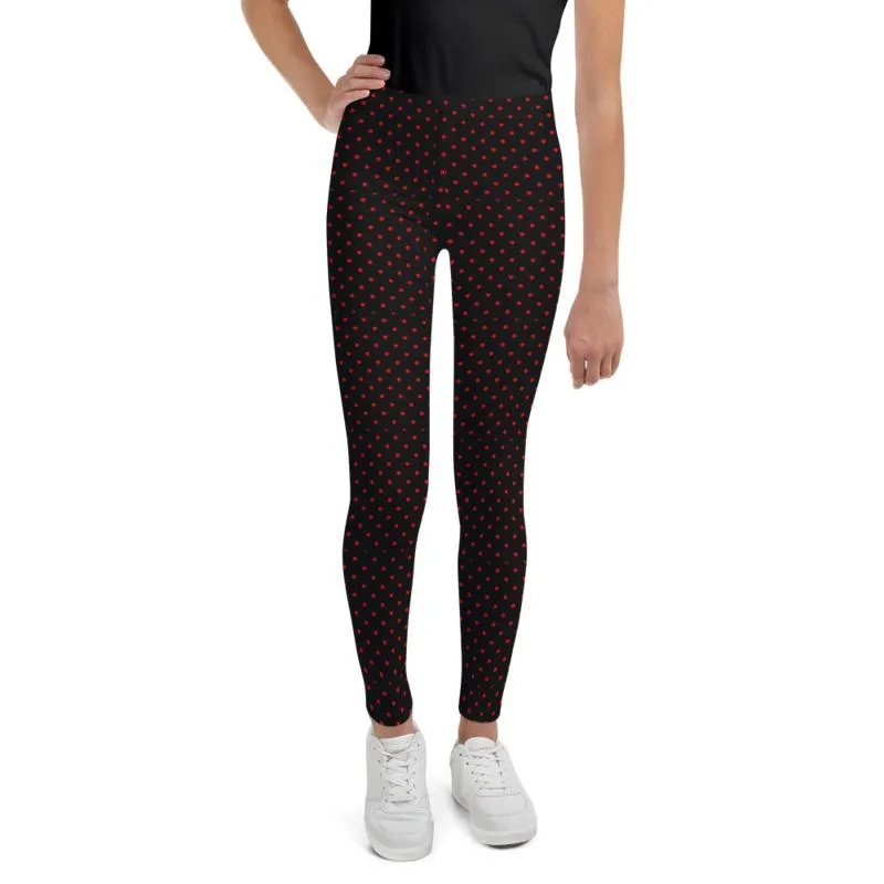 Polka Dots Print Youth Leggings, Premium Black & Red Long Yoga Pants - Made in USA/ EU