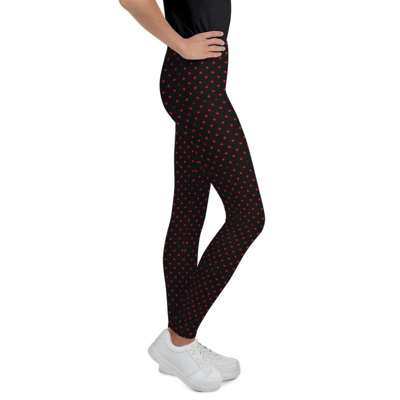 Polka Dots Print Youth Leggings, Premium Black & Red Long Yoga Pants - Made in USA/ EU