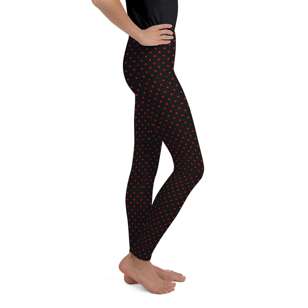 Polka Dots Print Youth Leggings, Premium Black & Red Long Yoga Pants - Made in USA/ EU