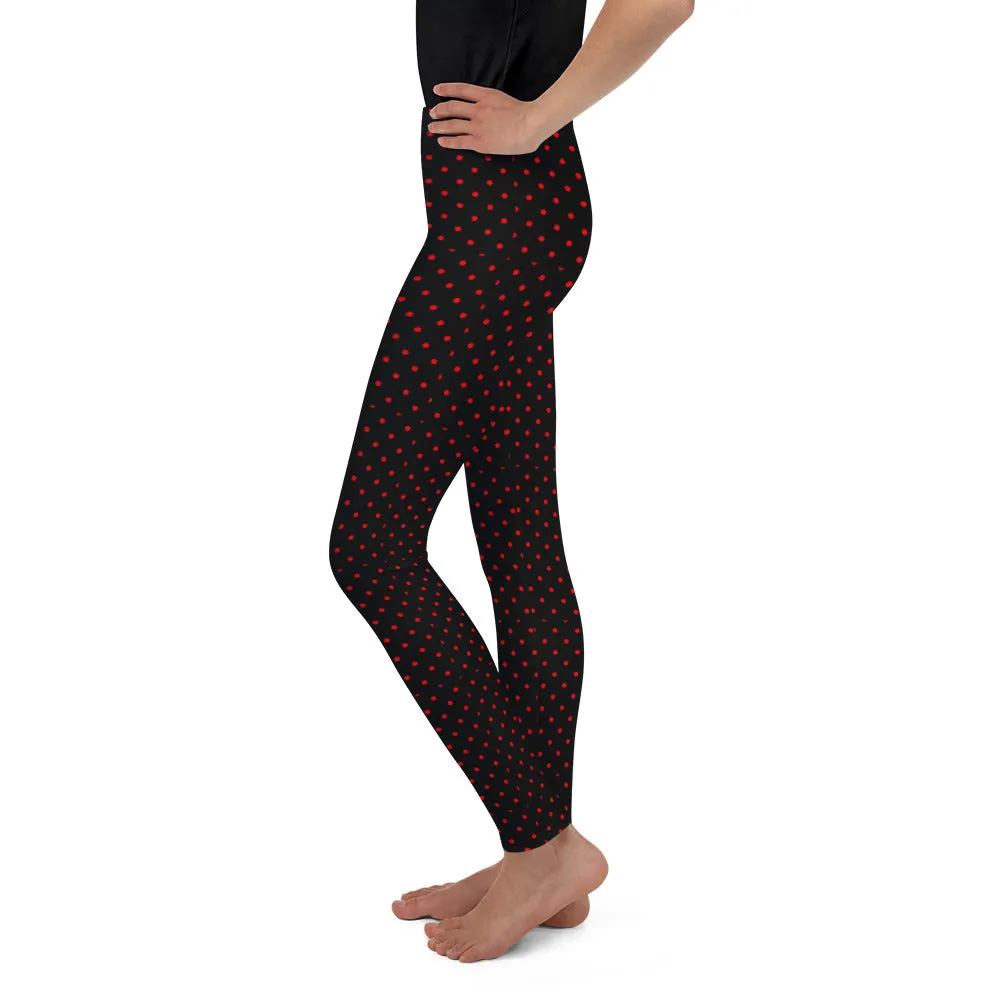 Polka Dots Print Youth Leggings, Premium Black & Red Long Yoga Pants - Made in USA/ EU