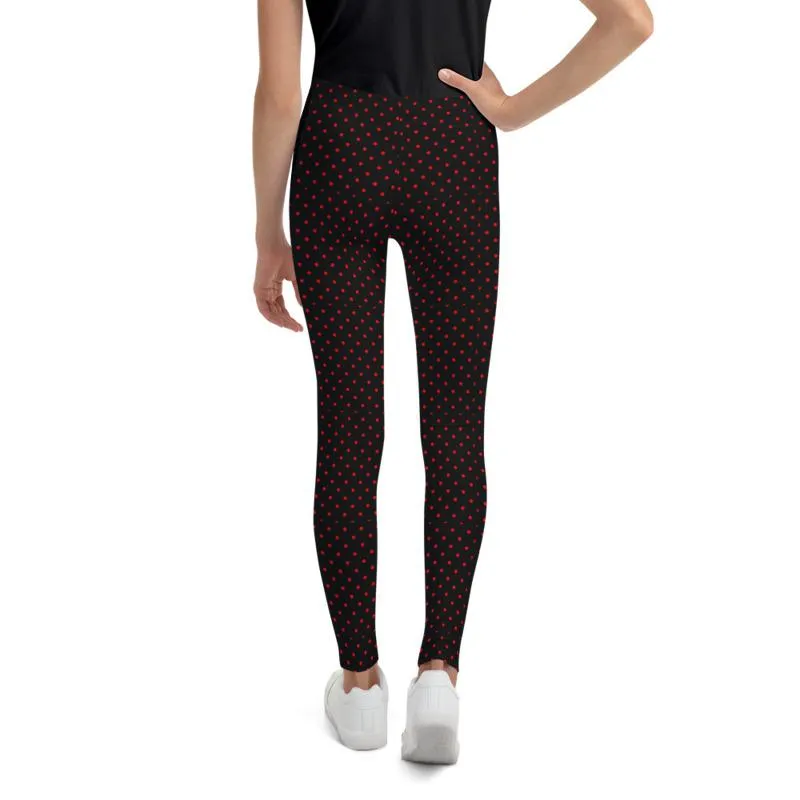 Polka Dots Print Youth Leggings, Premium Black & Red Long Yoga Pants - Made in USA/ EU