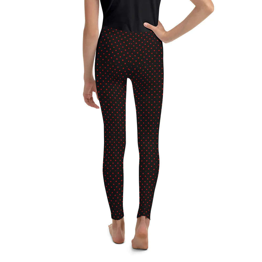 Polka Dots Print Youth Leggings, Premium Black & Red Long Yoga Pants - Made in USA/ EU