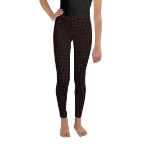 Polka Dots Print Youth Leggings, Premium Black & Red Long Yoga Pants - Made in USA/ EU