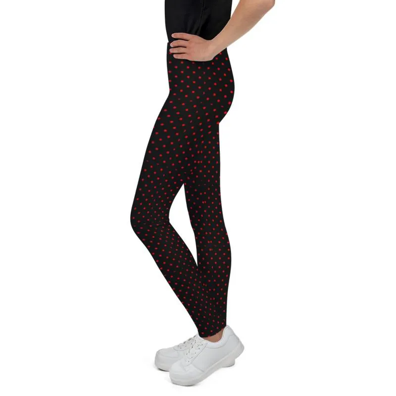 Polka Dots Print Youth Leggings, Premium Black & Red Long Yoga Pants - Made in USA/ EU