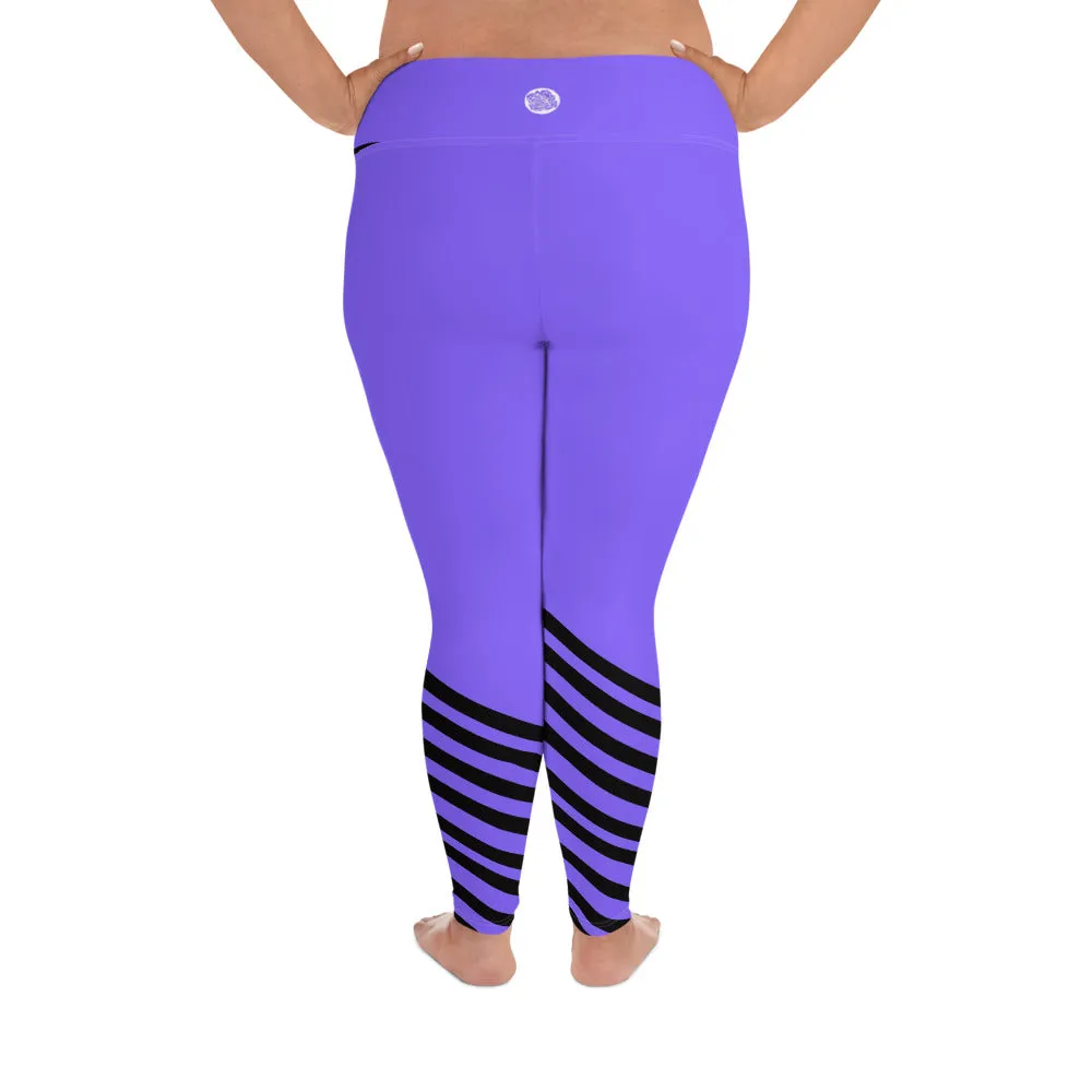 Purple & Black Plus Size Tights, Unique Diagonal Stripe Print Plus Size Women's Leggings - Made in USA