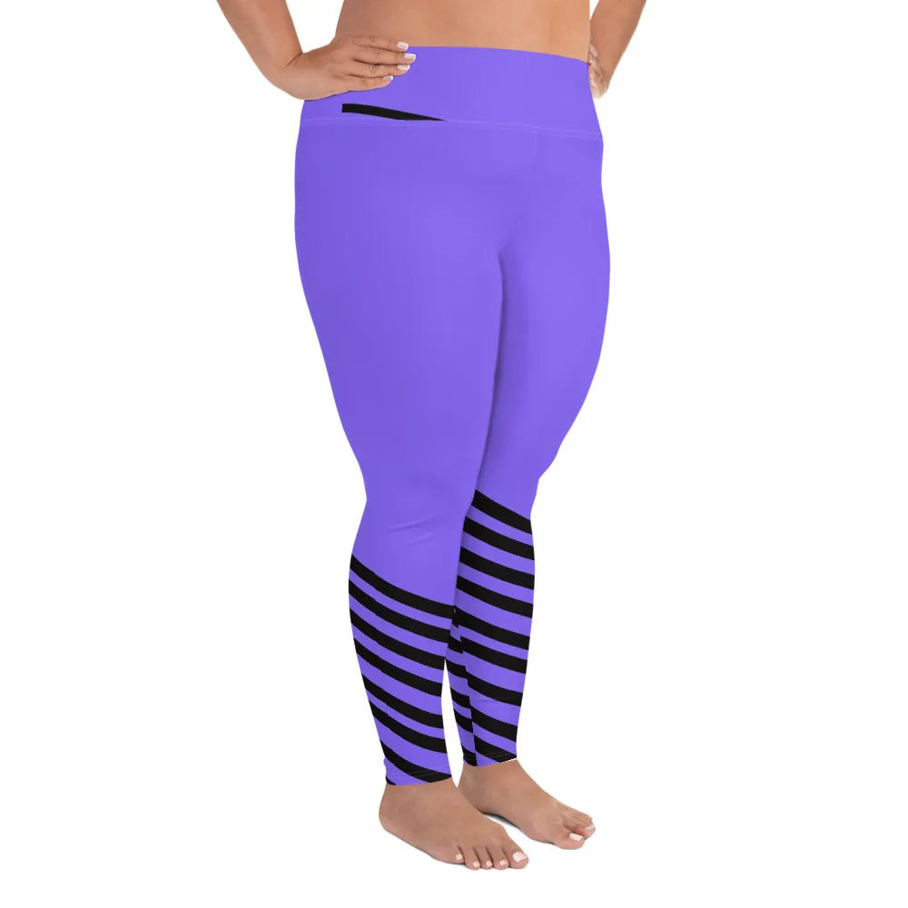 Purple & Black Plus Size Tights, Unique Diagonal Stripe Print Plus Size Women's Leggings - Made in USA