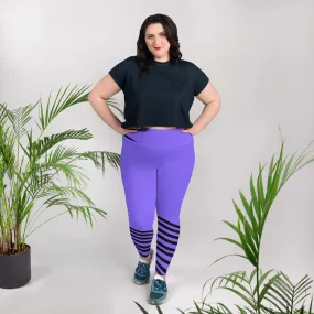 Purple & Black Plus Size Tights, Unique Diagonal Stripe Print Plus Size Women's Leggings - Made in USA
