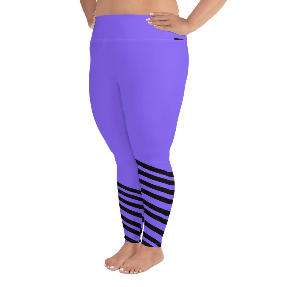 Purple & Black Plus Size Tights, Unique Diagonal Stripe Print Plus Size Women's Leggings - Made in USA