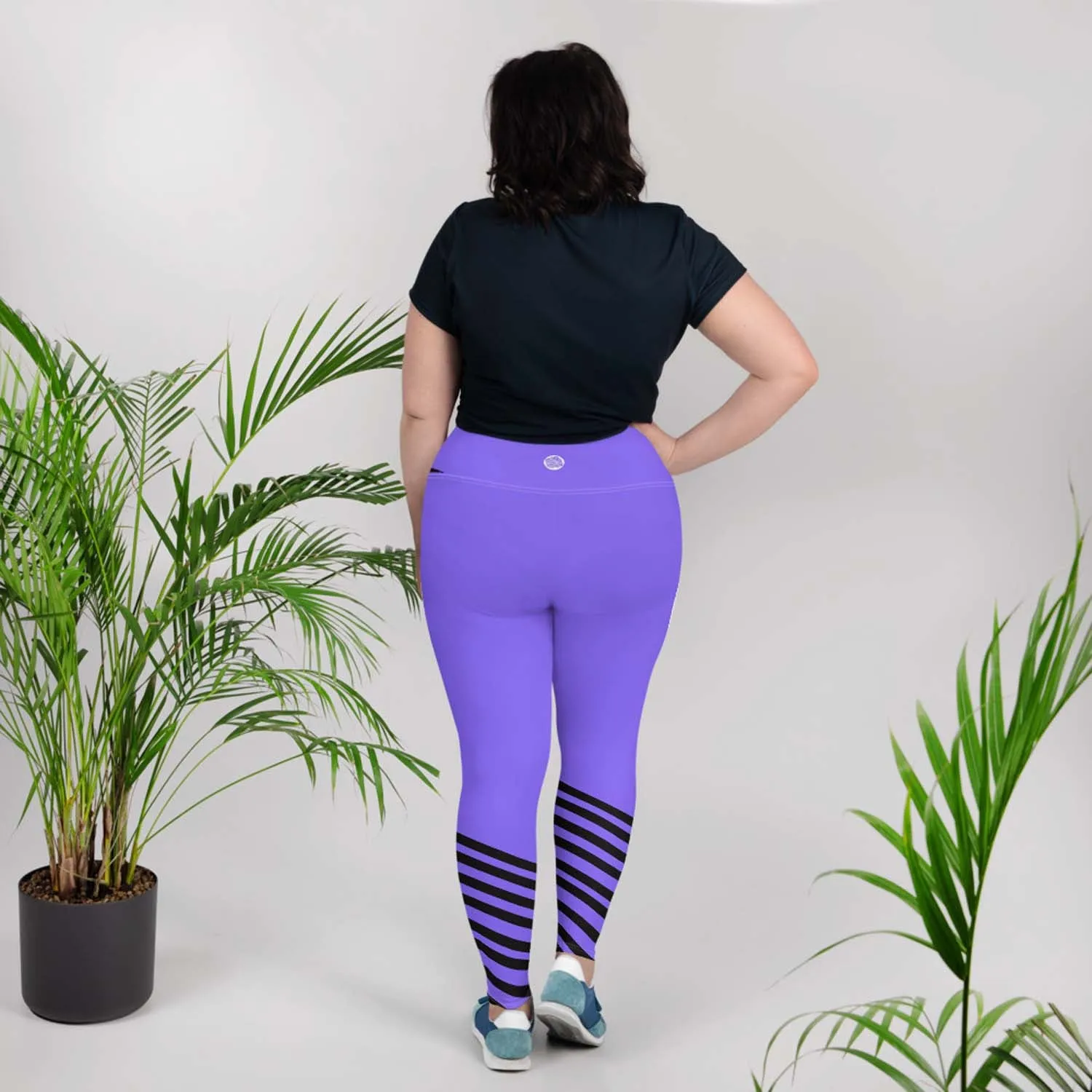 Purple & Black Plus Size Tights, Unique Diagonal Stripe Print Plus Size Women's Leggings - Made in USA