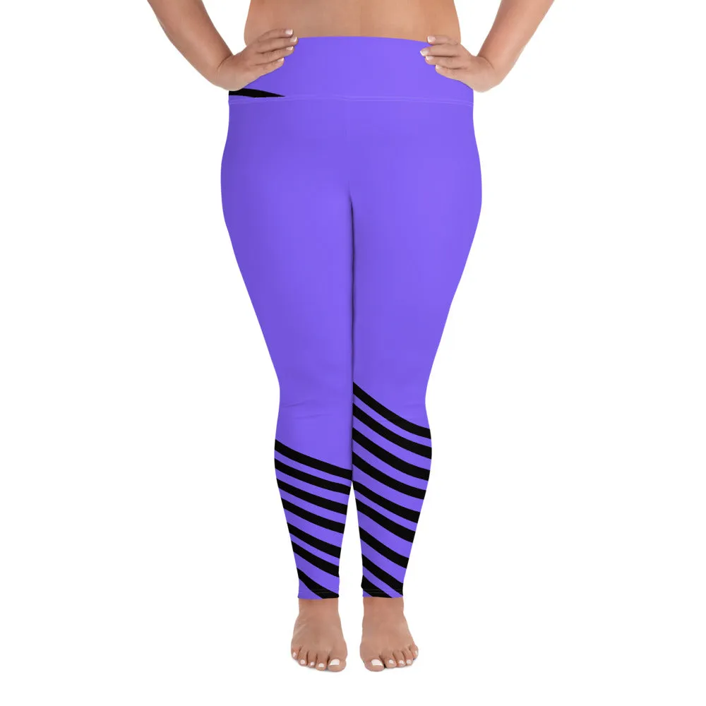 Purple & Black Plus Size Tights, Unique Diagonal Stripe Print Plus Size Women's Leggings - Made in USA