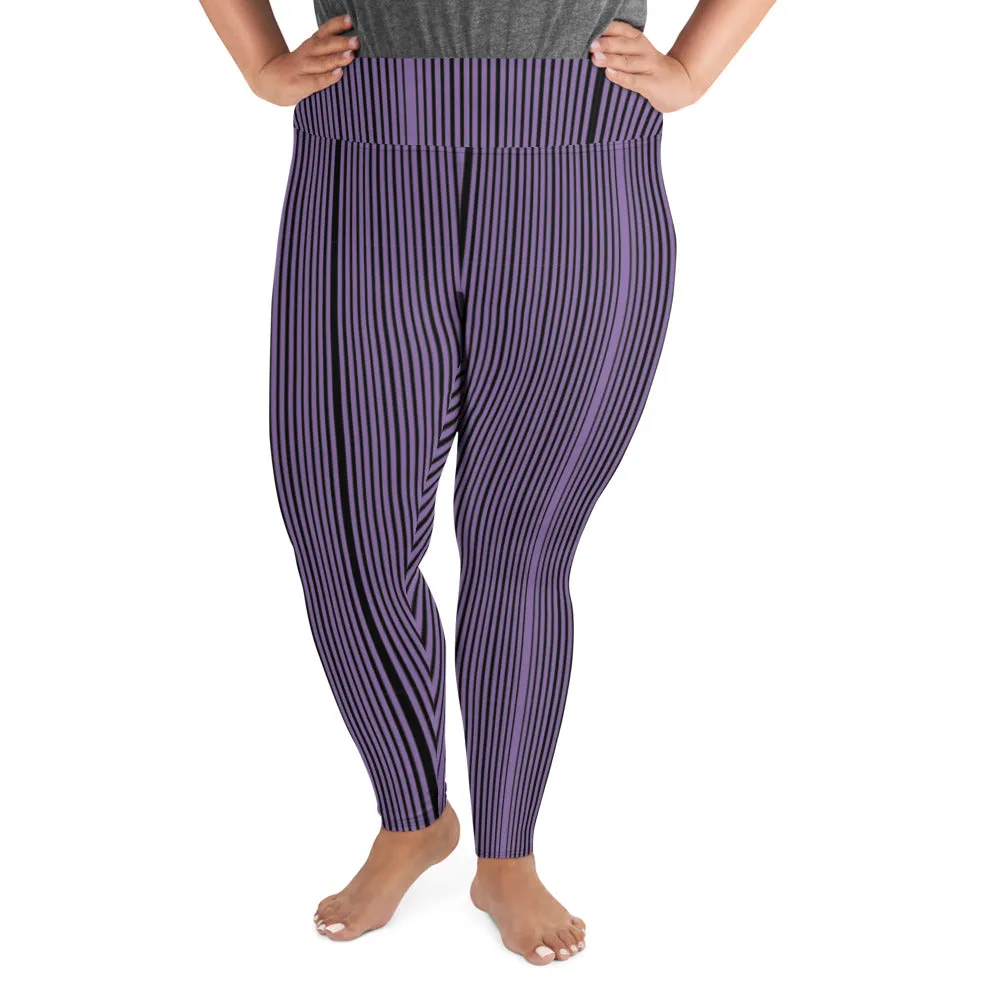 Purple Striped Plus Size Leggings, Vertical Striped Print Tights For Curvy Ladies - Made in USA/EU