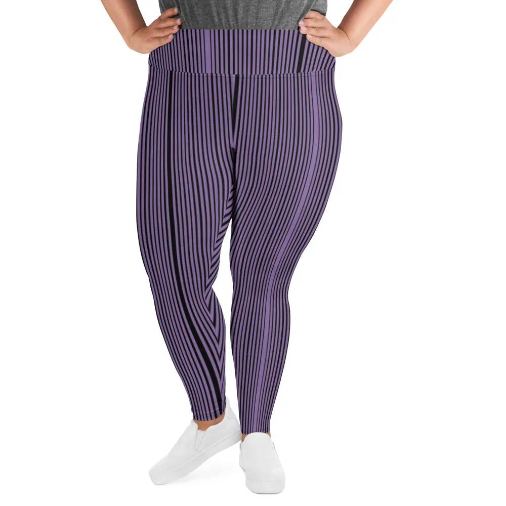Purple Striped Plus Size Leggings, Vertical Striped Print Tights For Curvy Ladies - Made in USA/EU