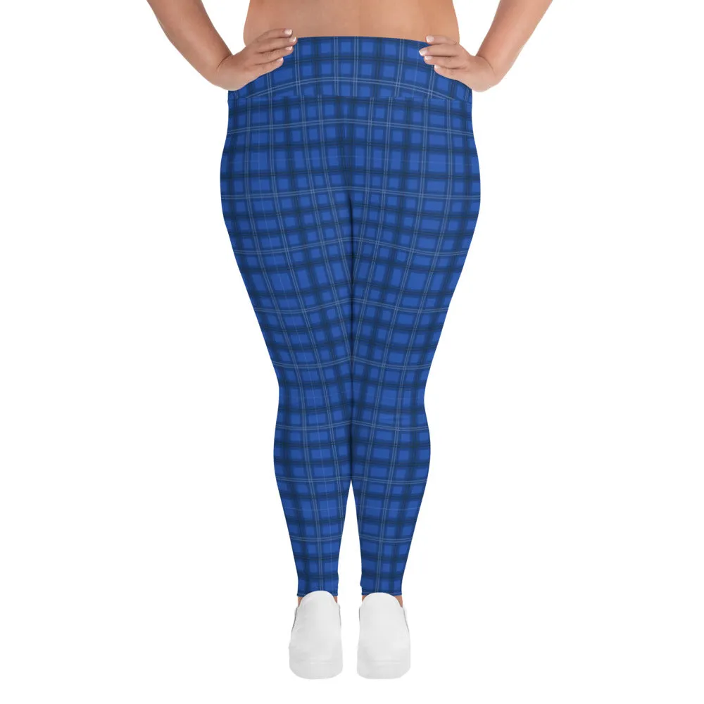 Royal Blue Plaid Print Leggings, Plaid Printed Women's Designer Plus Size Leggings  For Curvy Ladies - Made in USA/EU