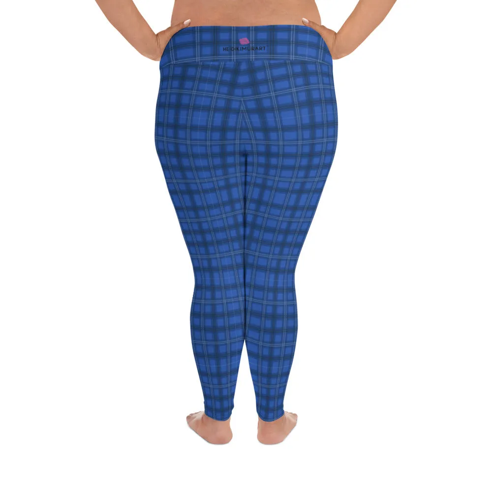 Royal Blue Plaid Print Leggings, Plaid Printed Women's Designer Plus Size Leggings  For Curvy Ladies - Made in USA/EU