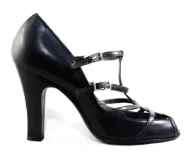 Size 6 1940s Shoes with Cage Design - Navy Blue Leather Peep Toe Pumps - Sexy 40s High Heels - NOS Deadstock Strappy Shoe - 6N Narrow
