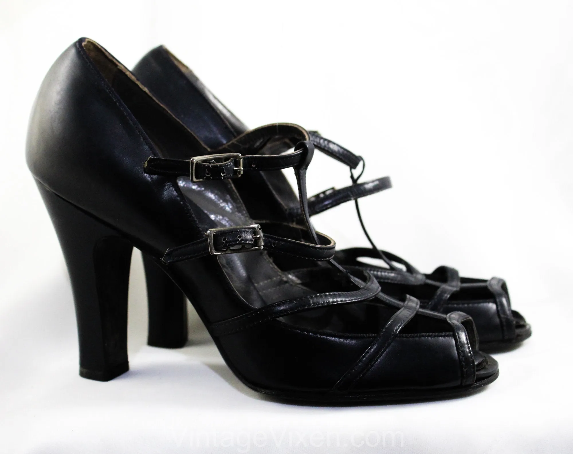 Size 6 1940s Shoes with Cage Design - Navy Blue Leather Peep Toe Pumps - Sexy 40s High Heels - NOS Deadstock Strappy Shoe - 6N Narrow
