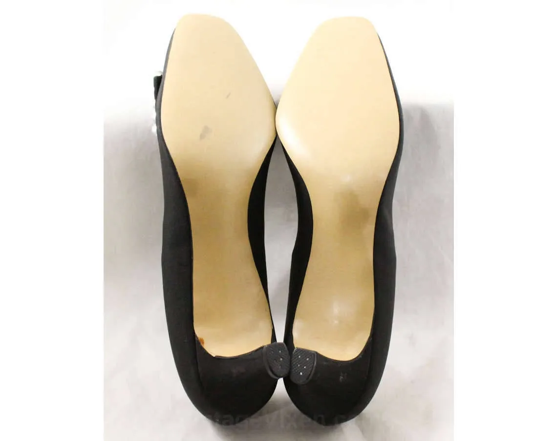 Size 8.5 Black Shoes - Chic 1960s Audrey Style Cocktail Pumps with Diamante Silver Buckles - Unworn 8 1/2 M Shoe - 60s Evening NOS Deadstock