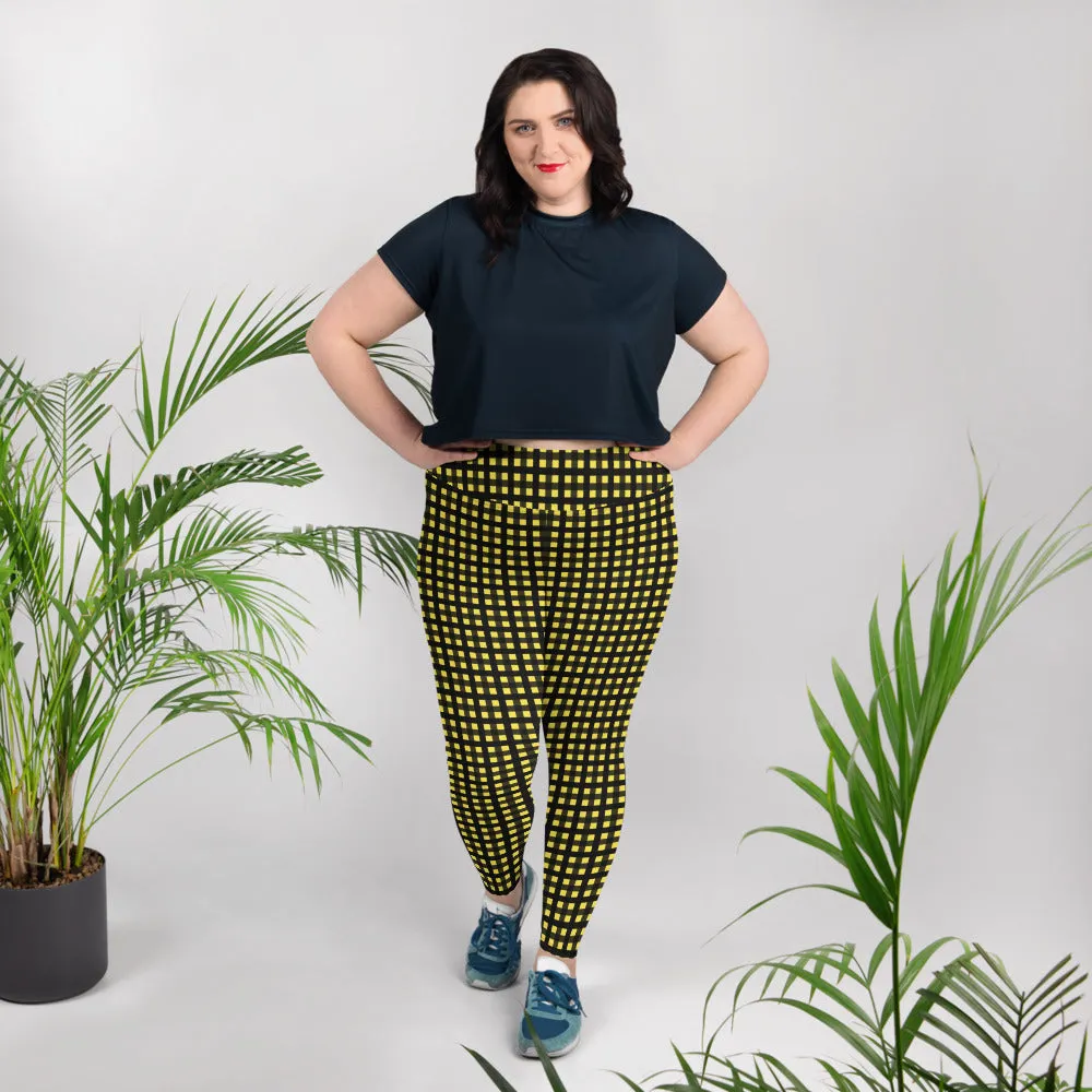 Yellow Buffalo Plus Size Leggings, Black Women's Plaid Print Yoga Pants- Made in USA/EU