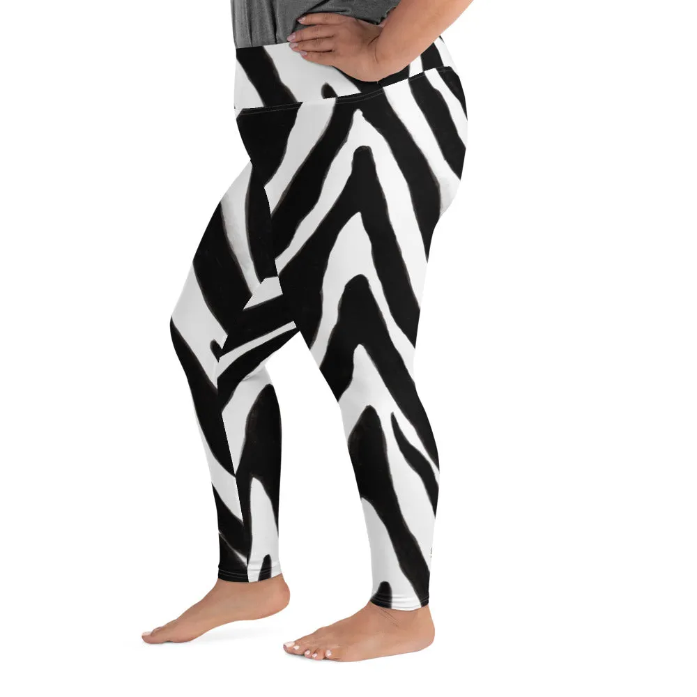 Zebra Women's Plus Size Leggings, Animal Print Women's Yoga Tights-  Made in USA/EU